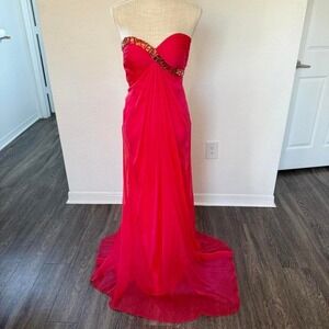La Femme Red Strapless Chiffon Gown with Jewel Detail